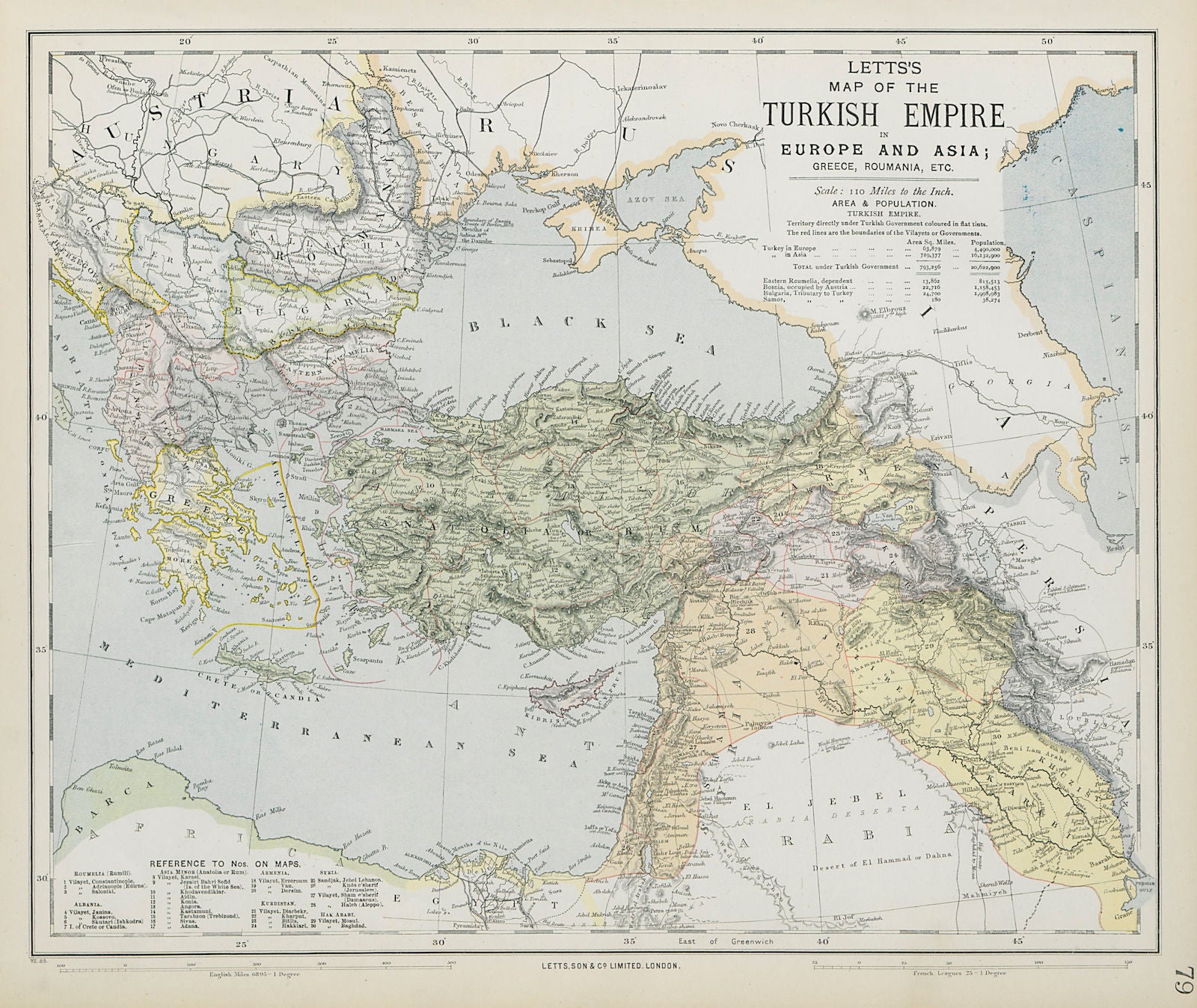 TURKISH OTTOMAN EMPIRE in Europe & Asia. Greece Balkans Turkey. LETTS 1884 map